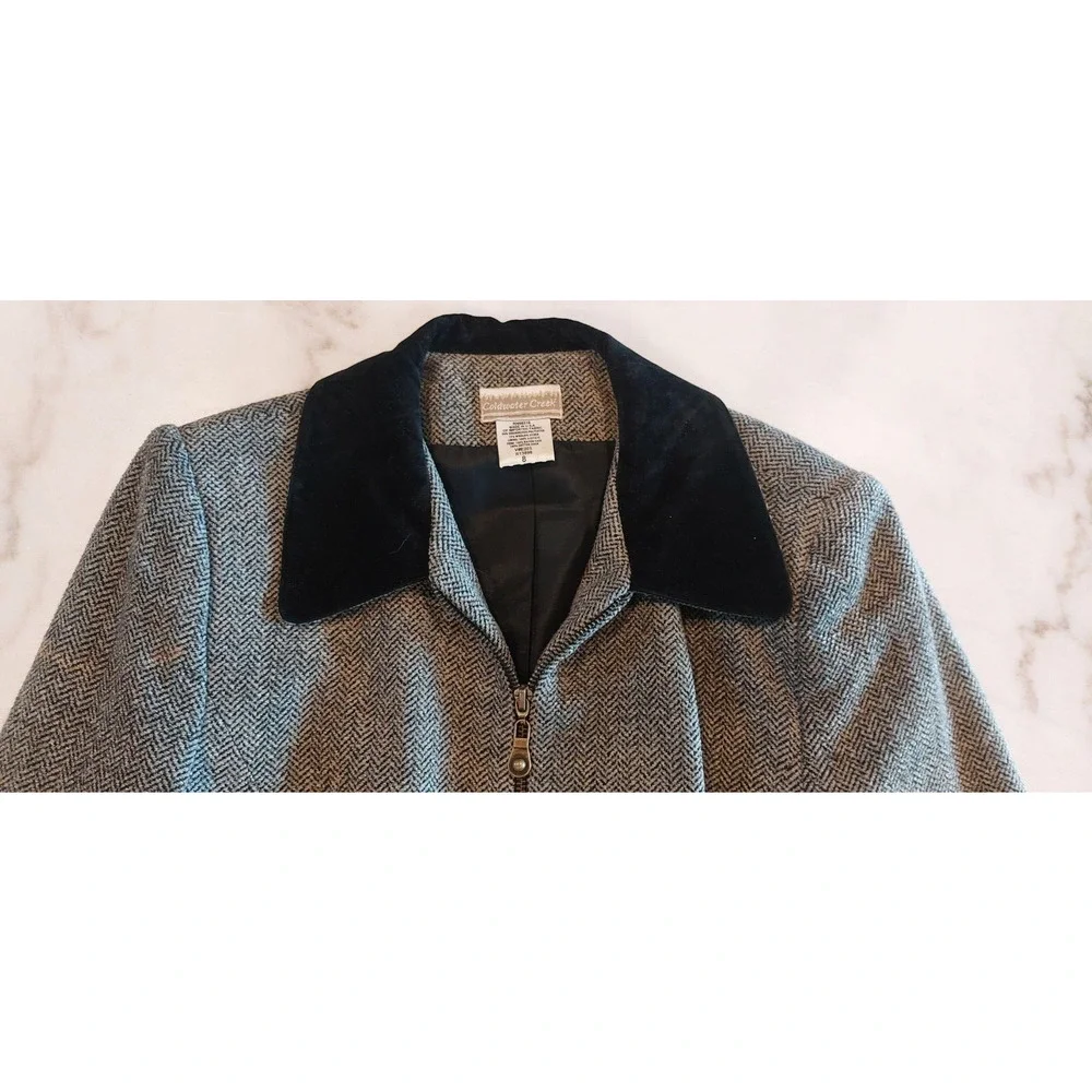 VTG‎ Coldwater Creek Herringbone Black Suede Trimmed Jacket Size 8